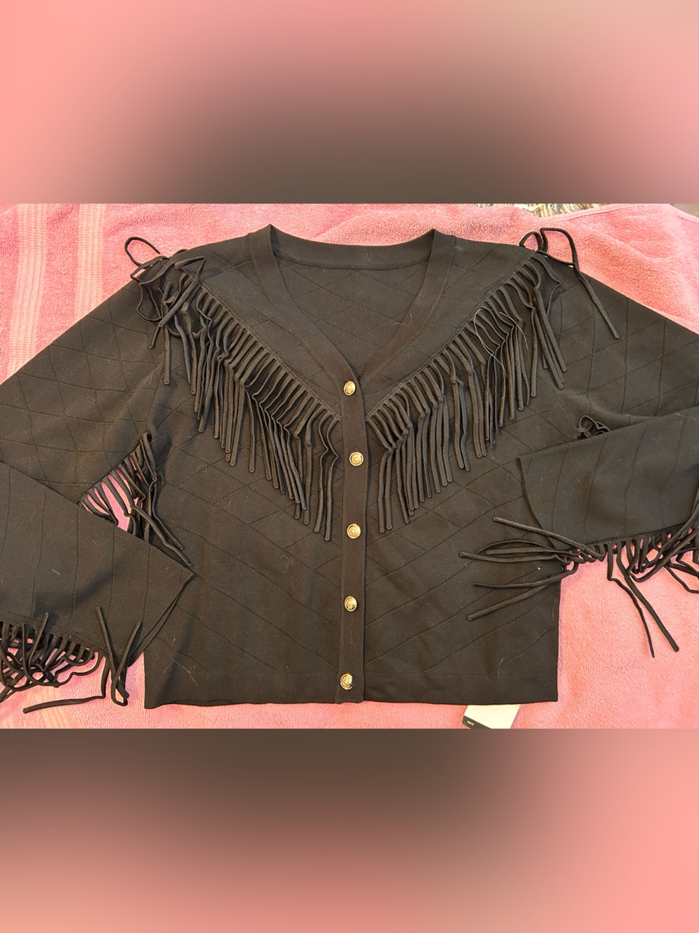 Black Fringe V-Neck Button Cardigan Sweater